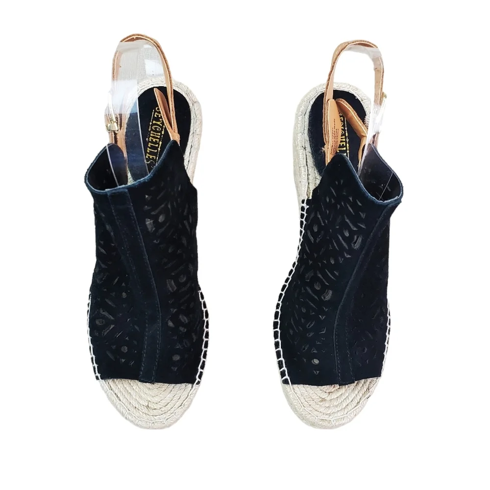 Seychelles Black Laser Cut Suede Leather Espadrille Wedge Shoes Size 7.5